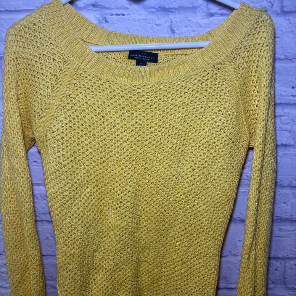 Lauren Ralph Lauren Open Knit Highlighter Yellow Sweater Medium Linen Blend